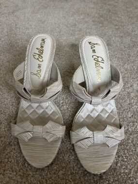 Sam Edelman Ivory Satin Bow Gold Heels